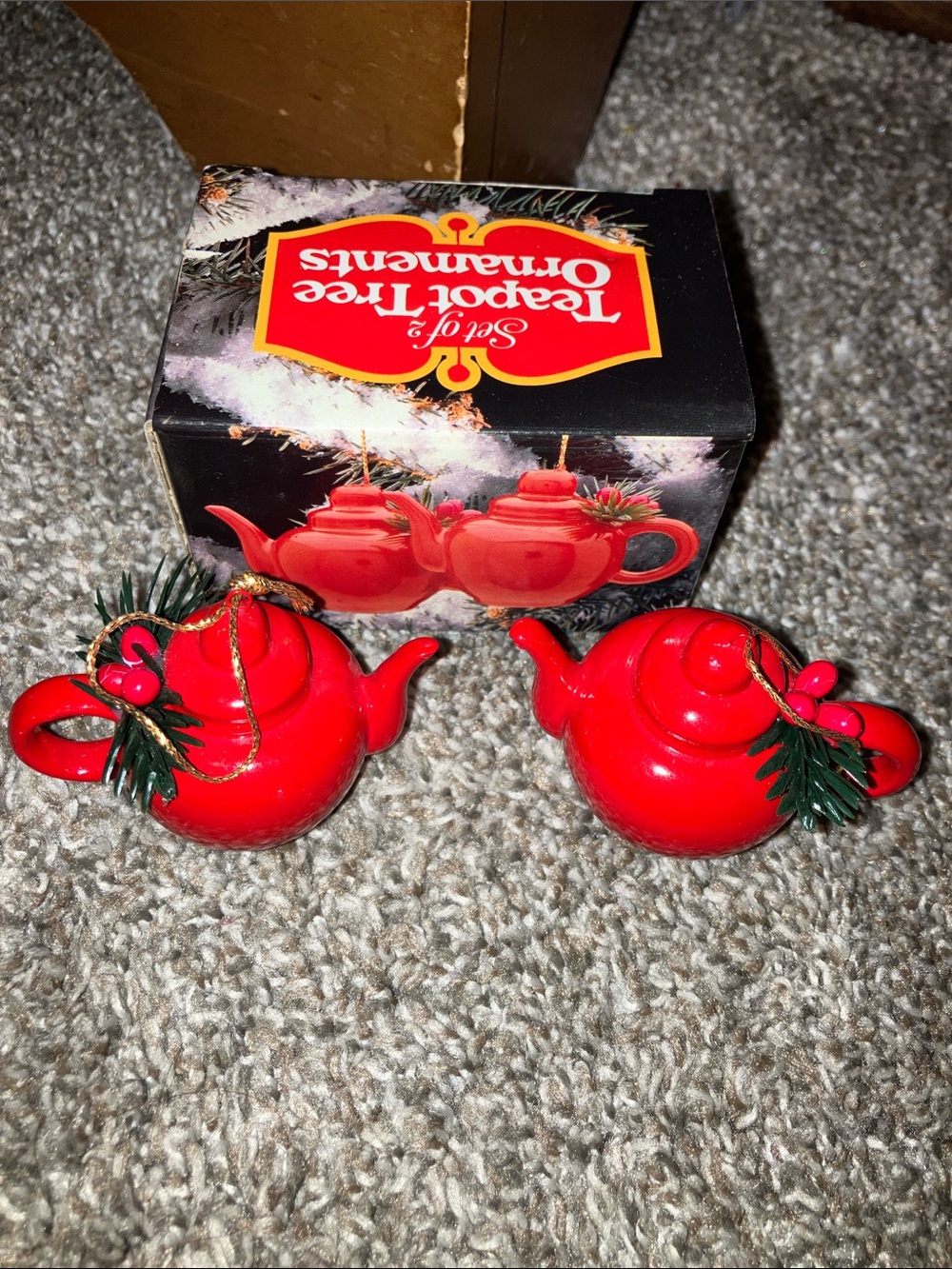 Vintage Set of 2 Holiday Teapot Ornaments - Red Ceramic Miniature